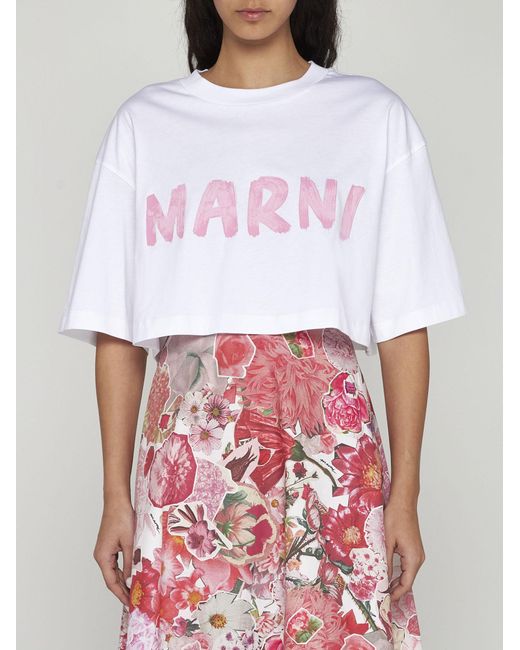 Marni White Logo Cotton Cropped T-shirt