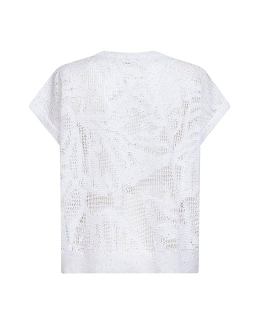 Brunello Cucinelli White Knit Dazzling Water Lillies T-Shirt