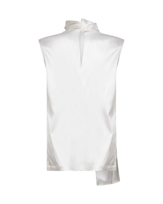Bottega Veneta White Stretch Silk Satin Top With Integrated Scarf Detail