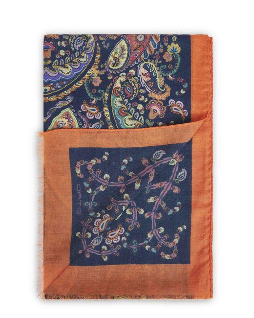 Etro Blue Cashmere Blend Paisley-Pattern Scarf