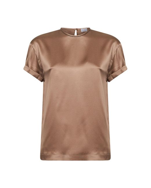 Brunello Cucinelli Brown Stretch Silk Satin Monili Blouse