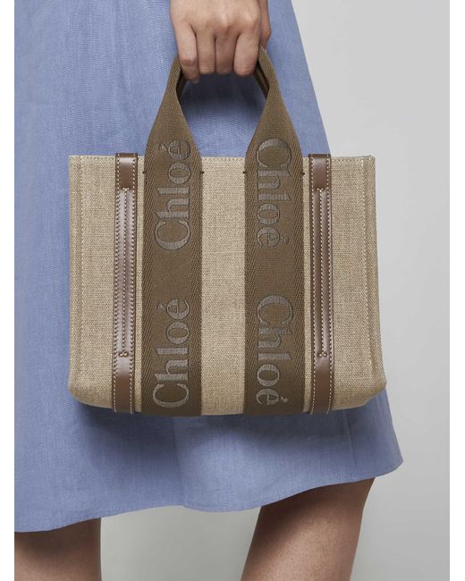 Chloé Brown Woody Linen Small Tote Bag