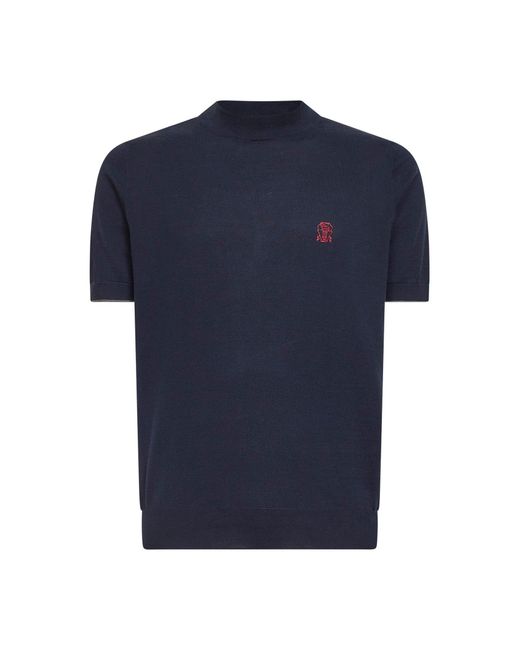 Brunello Cucinelli Blue Cotton Logo Short-Sleeved Shirt for men