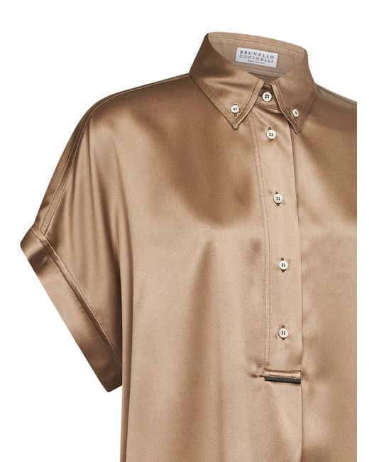 Brunello Cucinelli Brown Stretch Satin Monili Shirt