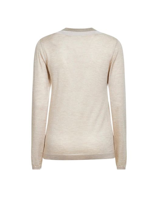 Brunello Cucinelli White Lightweight Cashmere And Silk Knit Sweater With Sparkling Neckline