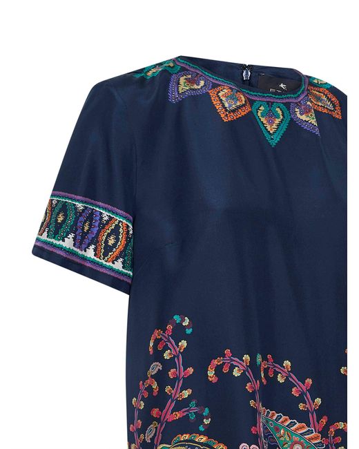 Etro Blue Paisley-Print Habotai Silk Tunic Short Dress