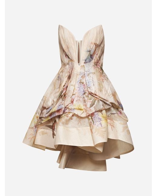 Zimmermann Natural Printed Silk And Linen Illuminate Mini Dress