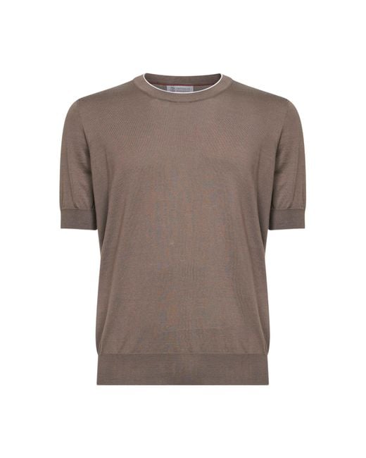 Brunello Cucinelli Brown Hazelnut Lightweight Cotton Knit Crewneck Sweater for men
