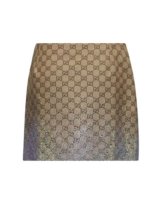 Gucci Natural Crystal-Embellished Gg Canvas Mini Skirt