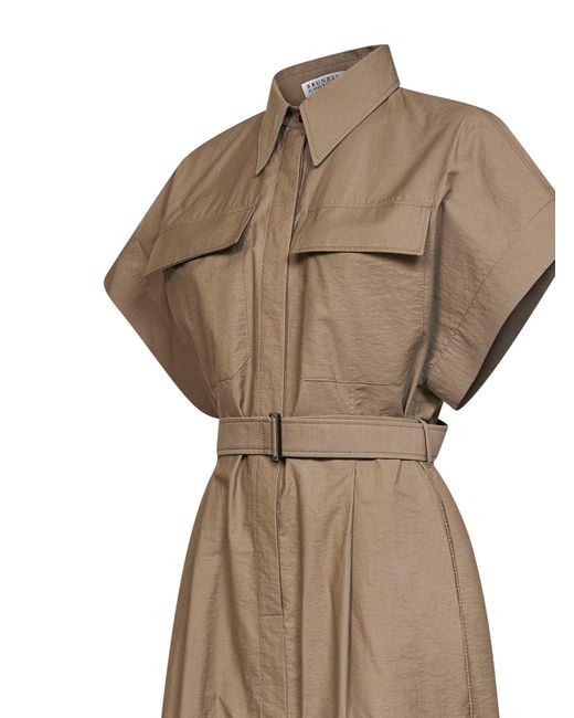 Brunello Cucinelli Natural Earth Texture Twill Belted Long Shirt Dress