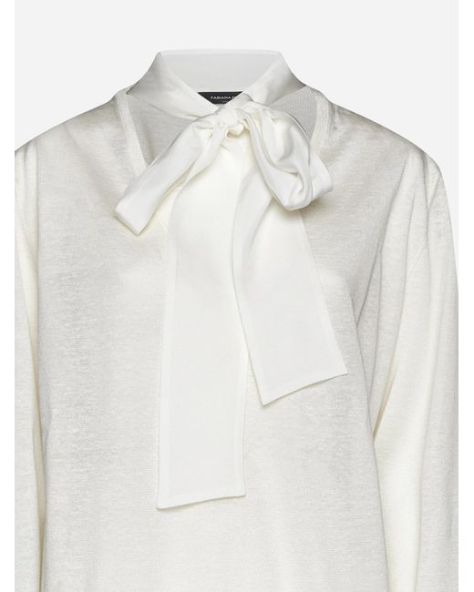 Fabiana Filippi White Pussy Bow Neck Linen And Silk Sweater