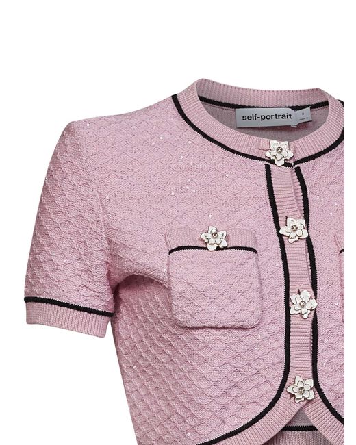 Self-Portrait Pink Cardigan Cropped Sequin Knit