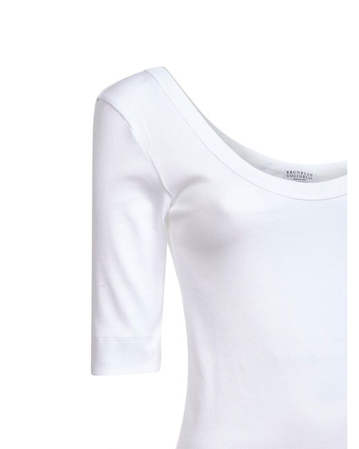 Brunello Cucinelli White Ribbed Stretch Jersey Monili T-Shirt