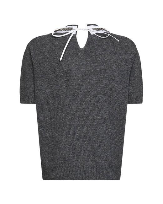 Prada Abbigliamento Gray Slate Wool Knit Sweater With Embroidered Collar