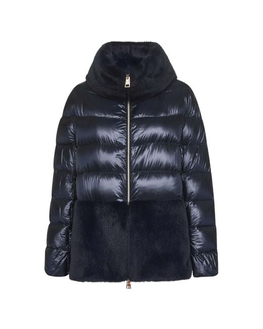 Herno Blue Ultralight Nylon And Lady Alternative Fur Cape