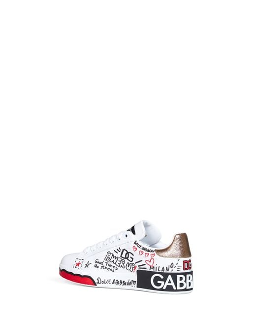 Dolce & Gabbana White Hand-Painted Leather Portofino Low-Top Sneakers