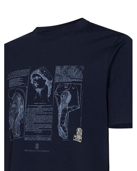 Brunello Cucinelli Blue Cobalt Cotton Jersey Printed Crewneck T-Shirt for men