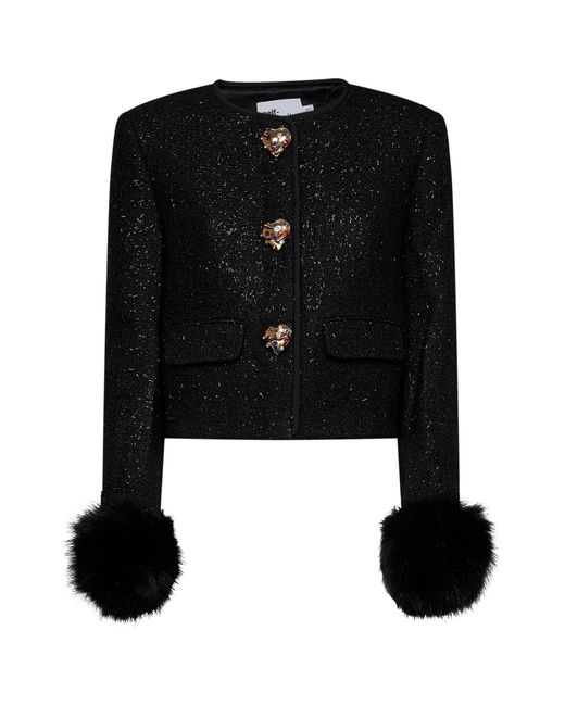 Self-Portrait Black Metallic Bouclé Jacket With Faux-Fur Cuffs