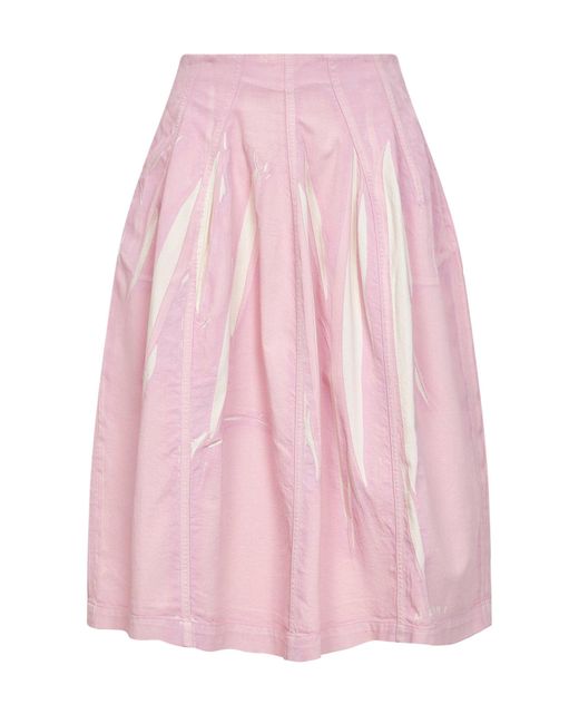 Marni Pink Screen-Printed Denim Flared Midi Skirt