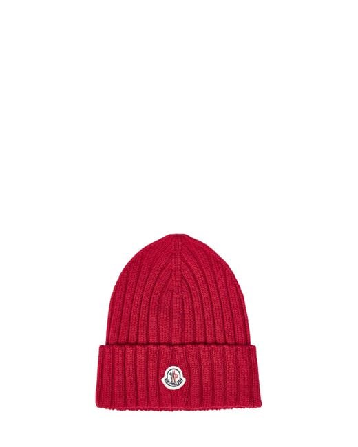 Moncler Red Ribbed Wool Knit Beanie With Logo Patch