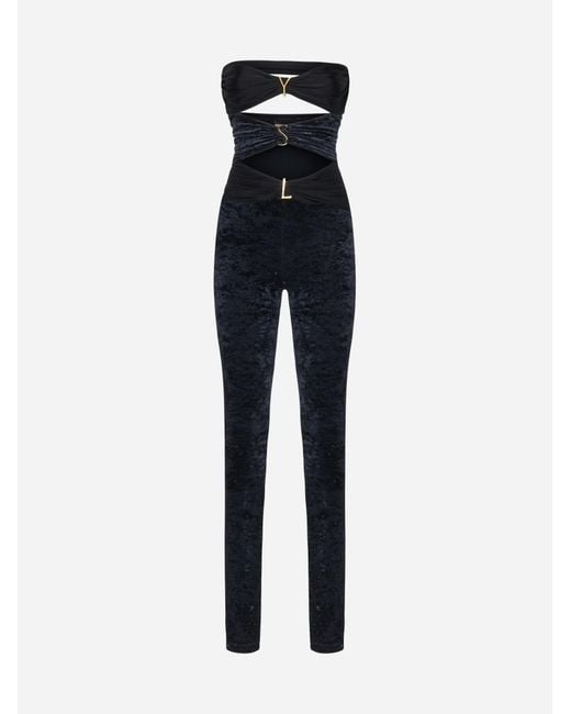 Saint Laurent Ysl Velvet Jersey Jumpsuit in Blue | Lyst
