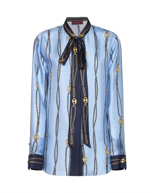 Gucci Blue Light Printed Silk Twill Shirt