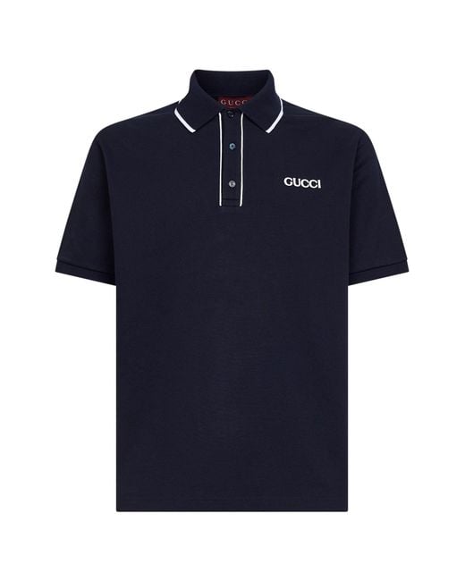 Gucci Blue Cotton Pique Embroidered Polo Shirt for men