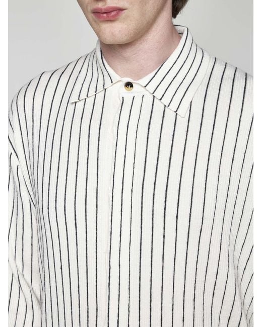 Bottega Veneta White Pinstriped Linen-blend Knit Shirt for men
