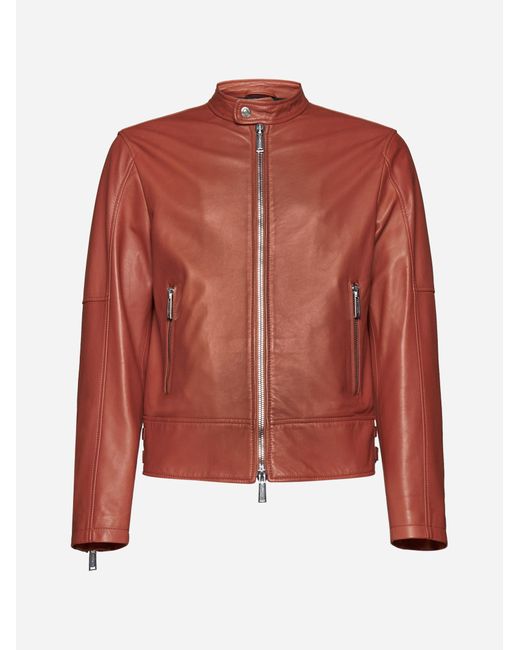 DSquared² Red Leather Biker Bomber Jacket for men
