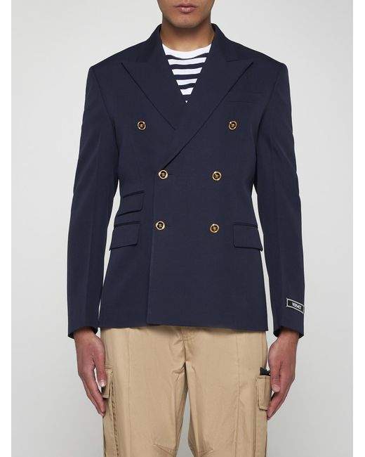 Versace Blue Wool Double-breasted Blazer for men
