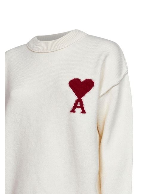 AMI White Ecru Felted Merino Wool Ami De Cœur Crewneck Sweater