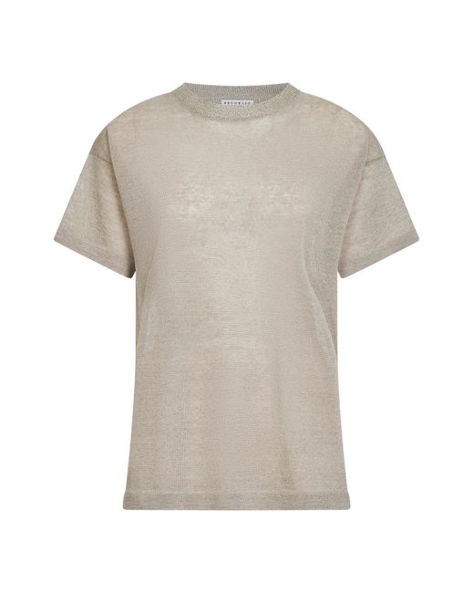 Brunello Cucinelli White Linen Blend Sweater With Lamé Crewneck