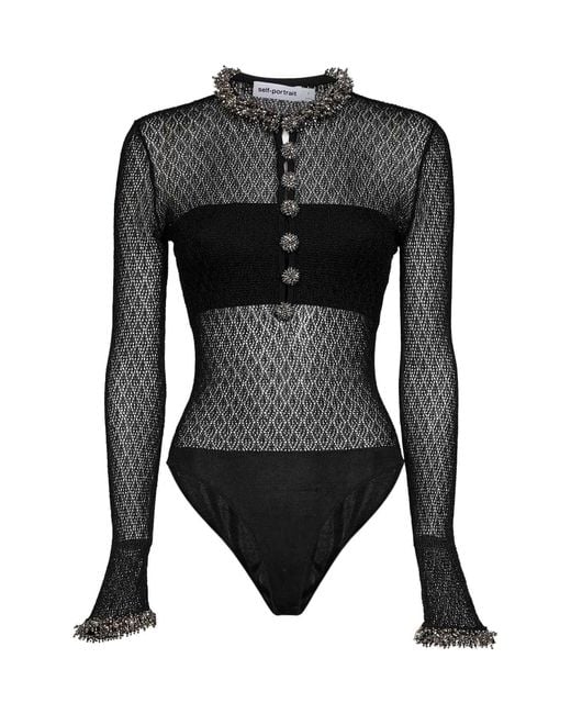 Self-Portrait Black Pointelle Knit Embellished Bodysuit
