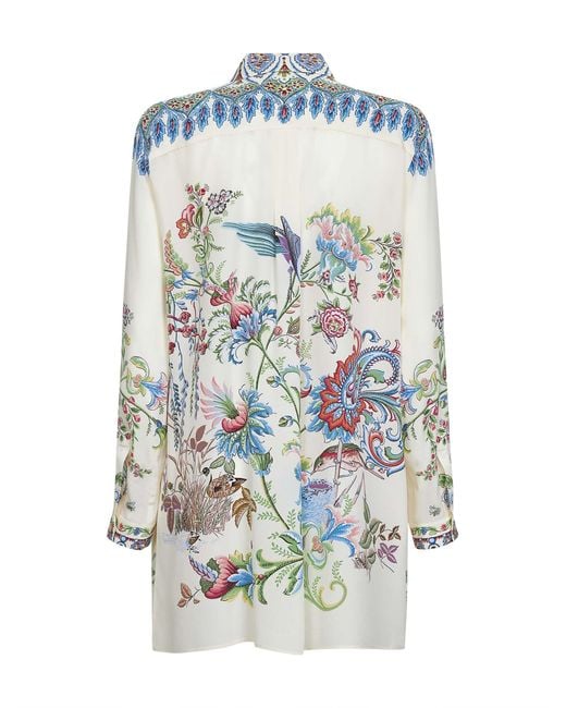 Etro Blue Cream Floral-Printed Silk Long Shirt