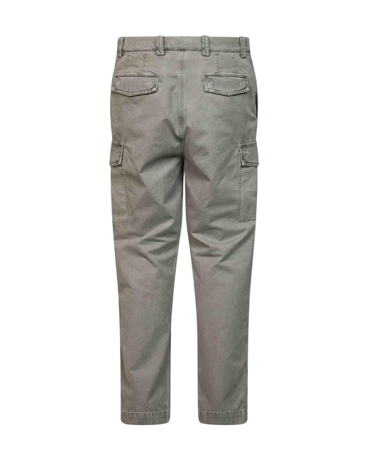 Brunello Cucinelli Gray Washed Peached Cotton Gabardine Cargo Trousers for men