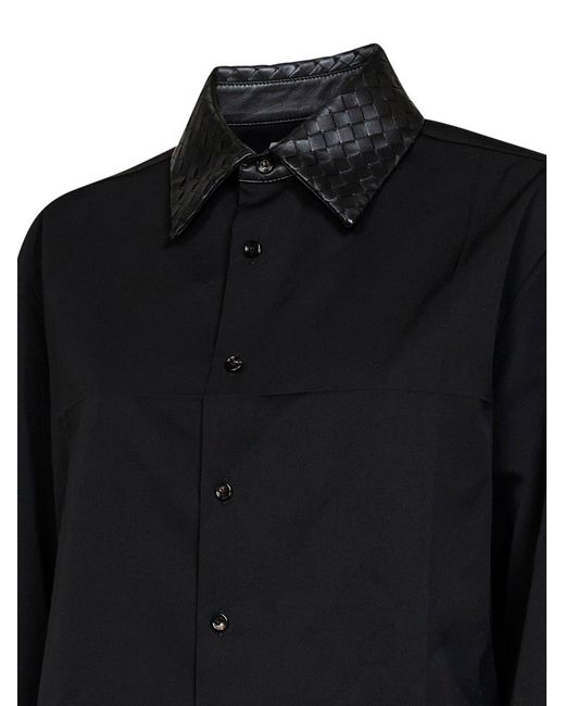 Bottega Veneta Black Wool Shirt With Intrecciato Leather Collar