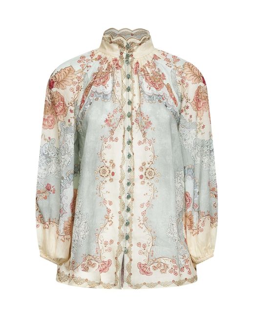 Zimmermann White Wallpaper Floral-Print Mint Ramie Daylight Blouse