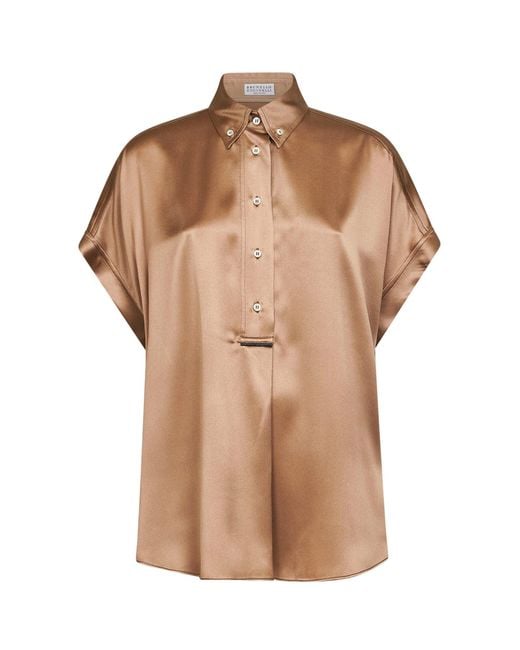 Brunello Cucinelli Brown Stretch Satin Monili Shirt
