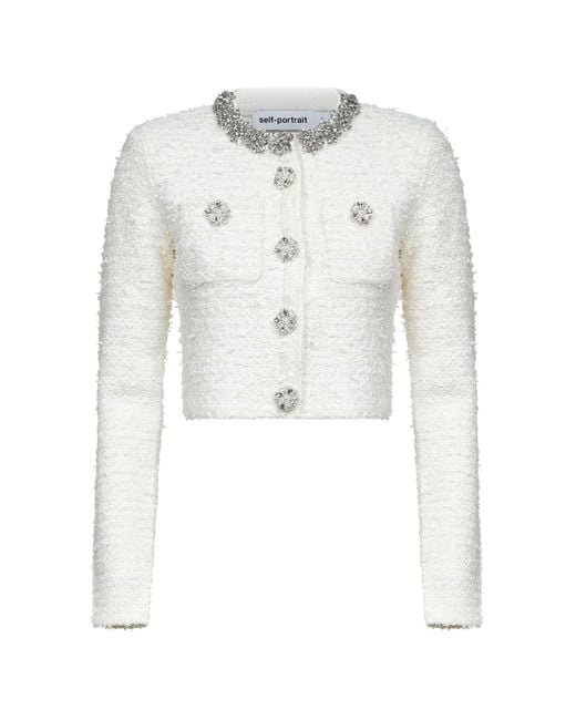 Self-Portrait White Cream Bouclé Knit Cardigan