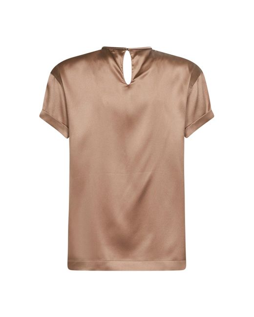 Brunello Cucinelli Brown Stretch Silk Satin Monili Blouse