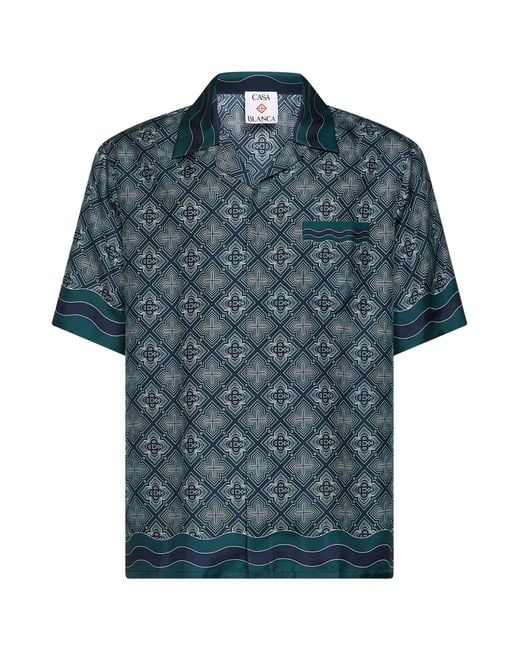 Casablanca Blue Silk Radiating Monogram Short-Sleeved Shirt for men