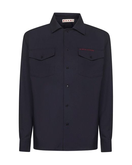 Marni Blue Tropical Wool Mending Embroidered Shirt for men
