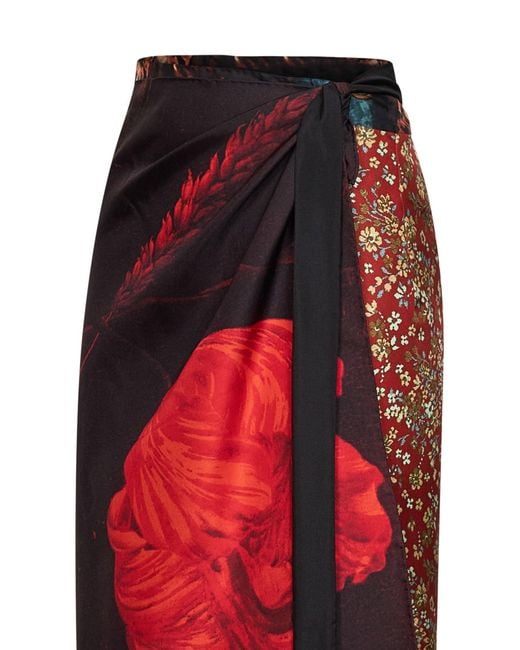 Dries Van Noten Red Flemish Painting-Print Silk Scarfy Scarf-Style Midi Skirt
