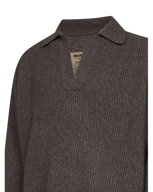 Uma Wang Brown Ribbed Cashmere Knit Long-Sleeved Polo Shirt for men