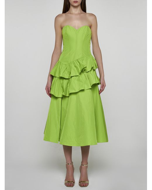 Marchesa Green Tiered Sleeveless Taffeta Midi Dress