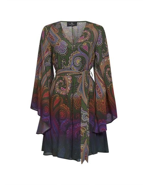 Etro Blue Paisley-Printed Crêpe De Chine Belted Mini Dress