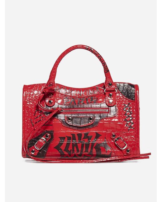 Balenciaga Red Mini City Graffiti Print Croco Leather Bag