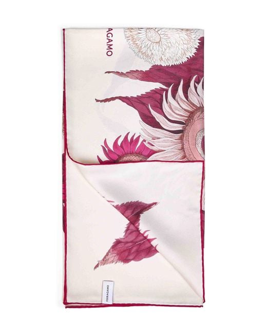 Ferragamo Pink Ivory And Burgundy And Fuchsia Girasoli-Print Silk Scarf