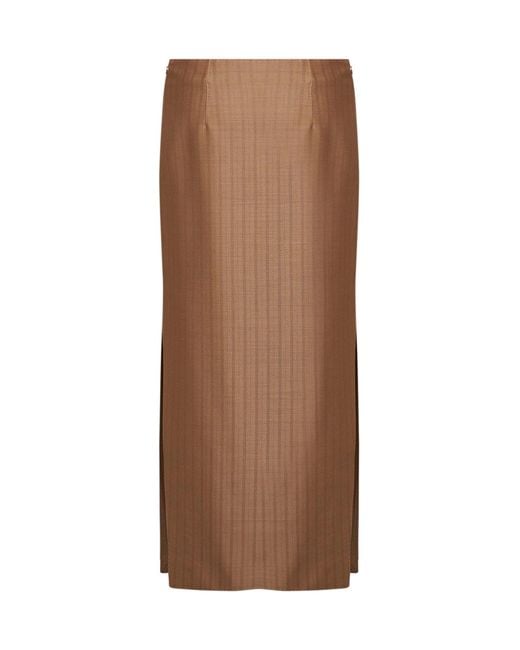 Etro Brown Camel Striped Wool Jacquard Straight Midi Skirt