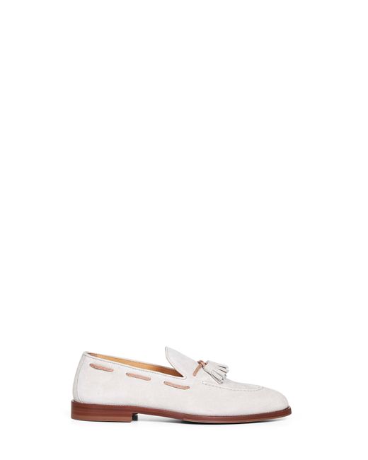 Brunello Cucinelli White Ivory Suede Loafers With Tassels for men